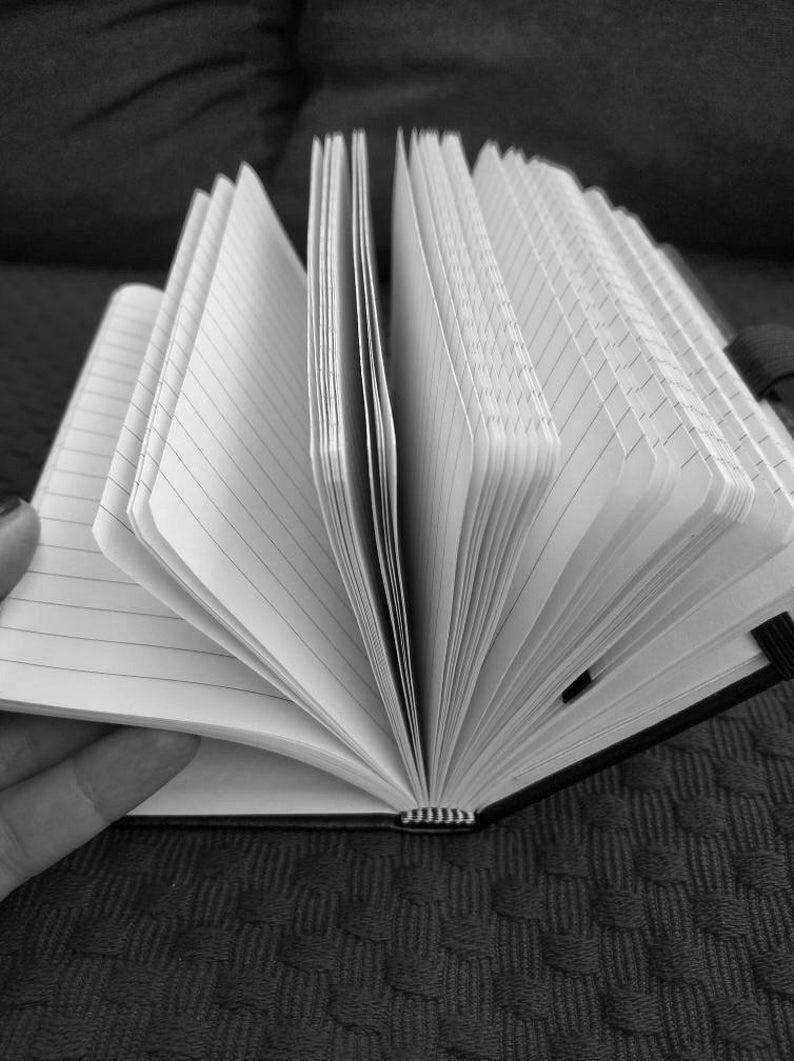Puede incluir: Una imagen en blanco y negro de un cuaderno con p&aacute;ginas rayadas abiertas en una p&aacute;gina en blanco. El cuaderno est&aacute; acostado sobre una superficie texturizada.