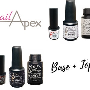May include: A collection of nail care products from nail Apex. The image shows bottles of Universal Base Gel and Universal Top Gel, with labels featuring butterfly designs. The text "Base + Top" is also present.