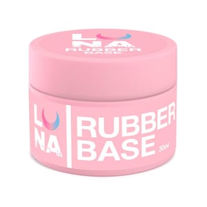 Pode incluir: Um frasco rosa com um rótulo branco que diz "LUNA RUBBER BASE 30ml". O frasco tem um design de lua crescente com detalhes azuis e rosa.