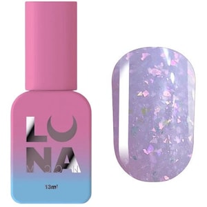 Könnte beinhalten: Eine Flasche Luna Moon Nagellack in einem hellrosa und blauen Farbverlauf mit einem silbernen Halbmond-Logo. Die Flasche ist 13 ml groß und der Lack ist helllila mit schimmerndem Glitzer.