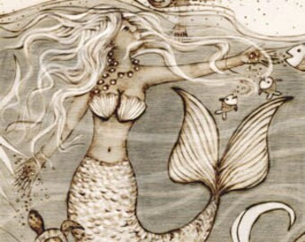 Mermaid, Hawaiian print, sea life, beach, Art Print, Ready to Hang, Canvas, 10x20 or 16x32