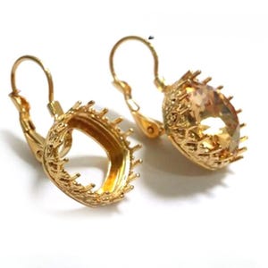1 par de engastes para pendientes con bisel acolchado de 12 x 12 mm, base de palanca para piedras Swarovski 4470, estilo JBB, latón chapado en varios acabados.