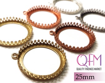 4pcs 25mm Round Bezel Cup Brass with 1 loop Finishes: Antique / Shiny Brass, Copper plated, Silver plated - Jewelry base - Bezel settings