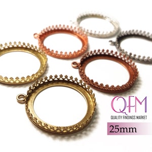 May include: Assortment of 25mm round metal bezel settings in various finishes, including gold, copper, and silver. The bezels have a decorative crown-like edge.