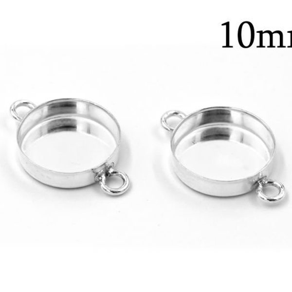 6pcs Sterling Silver 925 Bezel Settings Round 10mm with 2 loops, blank Bezel Cup for Cabochon10mm, Tray link, Jewelry Base, JBB Findings
