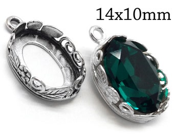 3pcs Oval Bezel Cup Sterling Silver 925 14x10mm with 1 loop flowers and leaves - JBB  findings fits Swarovski 4120 - Jewelry base