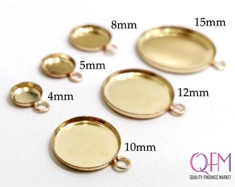 5pcs Gold Filled 14K Round Bezel cups with one loop sizes: 15mm, 12mm, 10mm, 8mm, 5mm, 4mm - Jewelry bases, JBB findings - Cabochon Settings