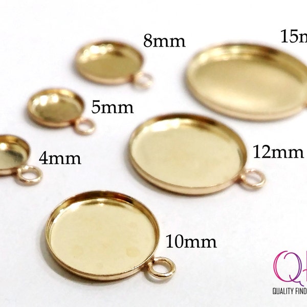 5pcs Gold Filled 14K Round Bezel cups with one loop sizes: 15mm, 12mm, 10mm, 8mm, 5mm, 4mm - Jewelry bases, JBB findings - Cabochon Settings