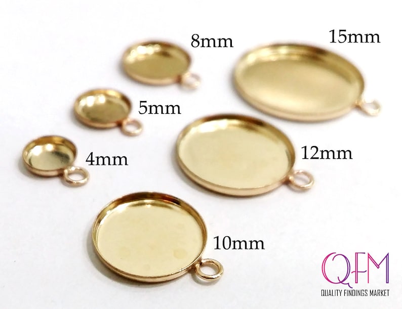 5pcs Gold Filled 14K Round Bezel cups with one loop sizes: 15mm, 12mm, 10mm, 8mm, 5mm, 4mm Jewelry bases, JBB findings Cabochon Settings image 1