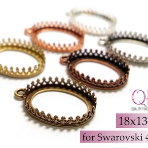 May include: Assortment of oval-shaped metal bezel settings with a crown design, measuring 18x13mm.  These bezels are designed to fit Swarovski 4120 crystals.