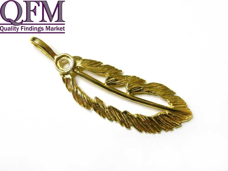 with place for setting stone 2.5mm - Heavy Coated Brass by 24K Gold size 34x11mm 2 pcs Feather Pendant in Brass Gold Plated 24K