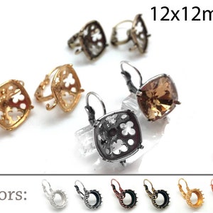Pair Cushion Bezel Earrings Settings 12x12mm - Lever Back - Swarovski 4470 - JBB Findings, Brass, Copper, Silver, Gold, Rose gold plated