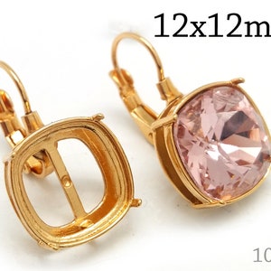 1pair Cushion Bezel Earring Setting 12x12mm - LeverBack- base for Swarovski 4470 JBB Findings, Brass, Copper, Silver, Gold, Rose gold plated