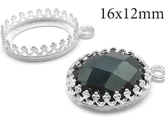 2pcs Oval Crown Bezel Cup Sterling Silver 925 16x12mm with 1 loop JBB Shiny, Antique Silver, Vermeil- Jewelry base - Cabochon Bezel settings