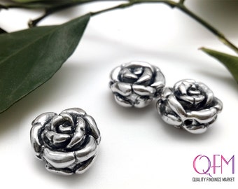 2pcs Hollow Rose Beads Antique Sterling Silver 925 Rose Bud Beads   - beads electroforming  - Flower Beads