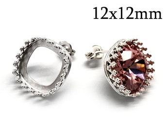 1pair Sterling Silver 925 Cushion 12x12mm Stud Earrings, Square post Earrings Setting, fit Swarovski 4470, Earring base JBB Findings