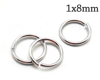20 anillas de salto de plata de ley, calibre 18, 1 x 8 mm - Conectores de anillas abiertas de plata de ley 925 - Grosor del alambre: 1 mm - Diámetro interior: 8 mm