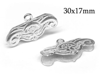 2pcs Sterling Silver 925 End Cap for 30x17mm flat leather cord with 1 loop, Pattern Jewelry Fastener, JBB Findings