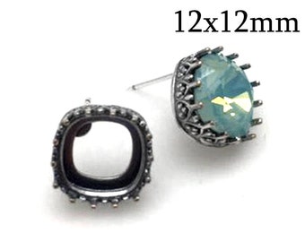 1pair Sterling Silver 925 Cushion 12x12mm Stud Earrings, Square post Earrings Setting, fit Swarovski 4470, Earring base JBB Findings