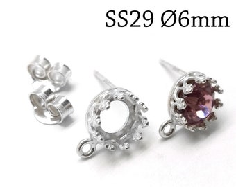 4pcs (2 pairs) Sterling Silver 925 Bezel cup stud earrings 6mm with loop fit Swarovski SS29 Shiny & antique silver - Jewelry base settings