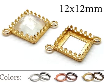 4pcs Brass Square Crown Bezel Cup 12x12mm with 2 loops - bracelet Jewelry Base JBB Finding - 12mm Bezel Settings - qfmarket