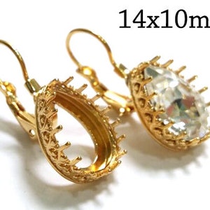1pair Drop Bezel Earrings Settings 14x10mm LeverBack Teardrop Swarovski 4320, JBB Findings, Brass, Copper, Silver, Gold, Rose gold plated