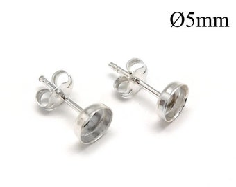 5pairs Sterling Silver 925 stud earrings round setting 5mm shiny silver, bezel cup earring settings, post earring base JBB Findings