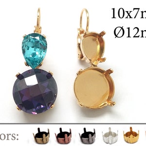 1Pair Drop Bezel Earring Settings 12mm, 10x7mm,- Lever Back fit Swarovski 4320, 1122, Jewelry Base Brass, Copper, Silver, Gold, Rose gold