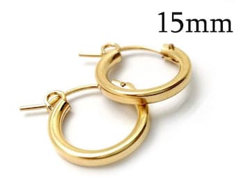 1 par de aretes de aro redondos rellenos de oro de 14 quilates 1/20, tubo de 15 mm de diámetro y 2,2 mm de diámetro, aros pequeños, aros circulares, engastes para aretes.