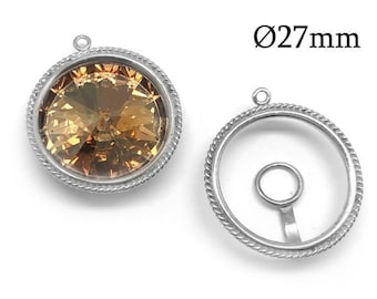 May include: A round pendant featuring a faceted amber-colored crystal set in a silver-toned frame with a twisted rope border. The pendant includes a small top loop and measures 27mm in diameter. An empty matching silver frame is also shown.