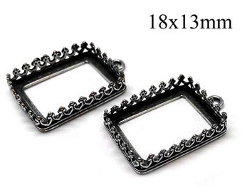 2pcs Sterling Silver 925 Rectangle Crown Bezel Cup 18x13mm with 1 loop, Shiny or Antique Silver - Jewelry base - Bezel settings, Vermeil