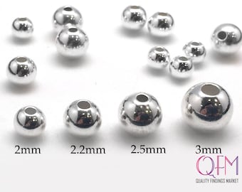 200pcs Sterling Silver 925 Beads 2mm, 2.2mm, 2.5mm, 3.0mm, Spacers Beads - Round Seamless Beads for Jewelry  (big and small hole beads)