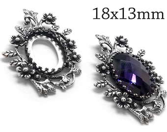 1pc Sterling Silver Oval bezel settings 18x13mm, Bezel Cup with flowers fit Swarovski 4120, Cabochon base - Jewelry bases - JBB Findings