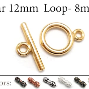 6sets Messing Knebelverschluss, Schlaufe 8 mm Stange 12 mm, runde kleine Messingspange, Verschluss für Armband - Kupfer, Messing, Silber, vergoldet, JBB Zubehör