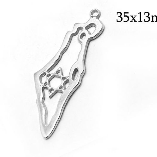 2pcs Sterling Silver 925 Israel Map Star of David Pendant 35x13mm, Judaica, Pendant for necklace, QFMarket