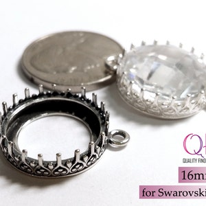 3 pcs Sterling Silver 925 16mm Round Bezel Cup with 2 loops Shiny or Antique Silver Fits Swarovski Rivoli 1122 Jewelry base, JBB Findings image 2