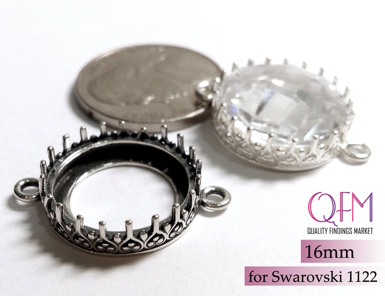 3 pcs Sterling Silver 925 16mm Round Bezel Cup with 2 loops Shiny or Antique Silver Fits Swarovski Rivoli 1122 Jewelry base, JBB Findings image 2