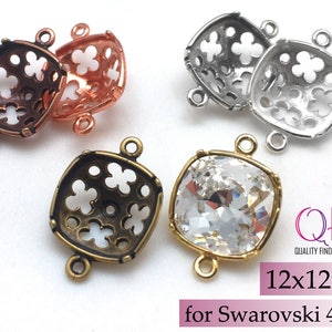 6pcs Brass Bezel cup square 12x12mm 2 loops Swarovski 4470 Finishes:Antique / Shiny Brass, Antique / Shiny Copper, Antique / Shiny Silver