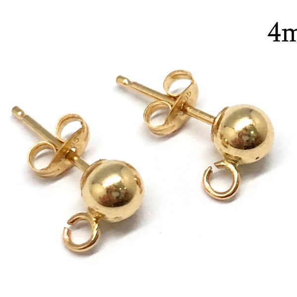 1pair Solid Gold 14K Stud Ball Earrings 4mm with open loop, JBB Findings, 14K Yellow Gold Earring Settings 4mm - earring backs included