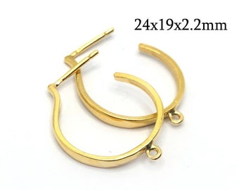 2pairs Brass Hoop Round Stud Earrings 24x19mm with loop thickness 2.2mm, JBB Findings Gold Plated Hoop Stud, Jewelry Base