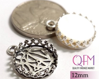5pcs Sterling Silver 925 12mm Round Bezel Cup with 1 loop JBB Shiny or Antique Silver - Jewelry base - Bezel settings, cabochon setting