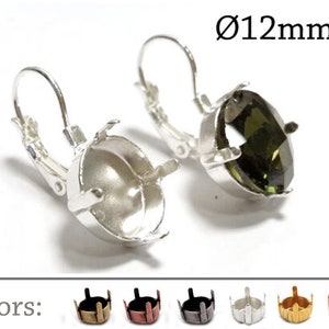 May include: Silver earring settings with a 12mm round bezel, shown with a green gemstone.  Colors: silver, black, gold, copper.