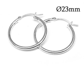 1pair Sterling silver 925 Hoop earrings 23mm, Everyday Hoop earwire, Round Middle Hoop Earrings, Circle Earring, Earring Settings