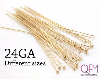 50pcs 14K Gold Filled Head Pins, Flat Head 12mm, 25mm, 37mm, 50mm - Nail Headpin 0.5mm / 24 Gauge, Gold Filled Jewelry Supplies