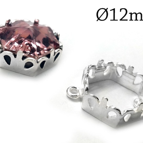 3pcs Sterling Silver Hexagon Crown Bezel Cup 12mm 1 loop Swarovski 4681 - pendant Jewelry Base JBB Finding - Bezel Settings - QFMarket