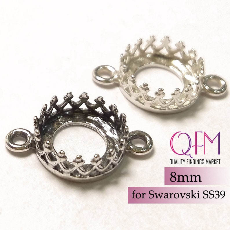 10pcs Round Bezel Cup Sterling Silver 925 8mm with 2 loops Shiny or Antique Silver Fits Swarovski ss39, Jewelry base, Bezel cabochon setting image 3