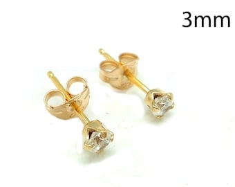 2 paires de clous d'oreilles en zircone cubique de 3 mm remplie d'or, boucles d'oreilles en diamant CZ, boucles d'oreilles simples en pierres précieuses, boucles d'oreilles délicates, vente en gros