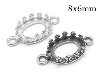 10pcs Oval Crown Bezel Cup Sterling Silver 925 8x6mm with 2 loops Shiny, Antique Silver Fits Swarovski 4120, Jewelry base, cabochon setting