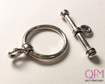 1 set di chiusura a levetta decorativa rotonda in argento Sterling 925, barra da 15 mm, argento antico da 23 mm