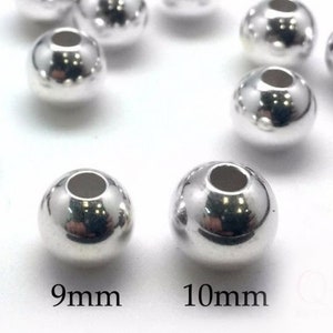 10pcs Sterling Silver 925 Beads 9mm, 10mm - Spacers Beads - Round Seamless Beads for Jewelry - Big Seamless silver beads - Smooth Round Bead